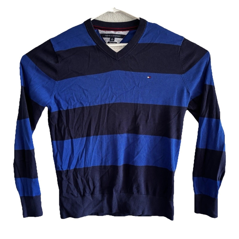 Tommy Hilfiger Mens Striped Sweater XL Blue Pima Cotton V Neck Preppy Classic